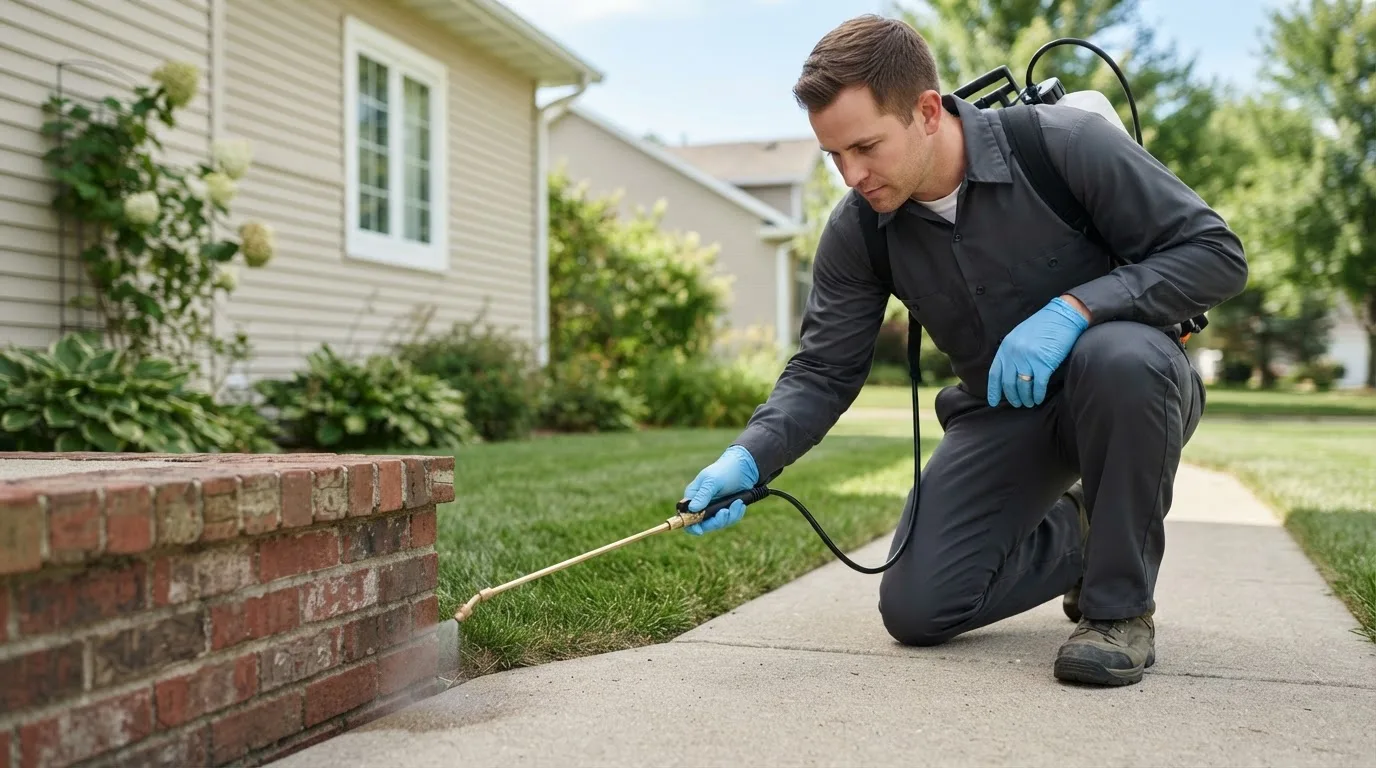 Pest control technician treating a home near Paden, OK