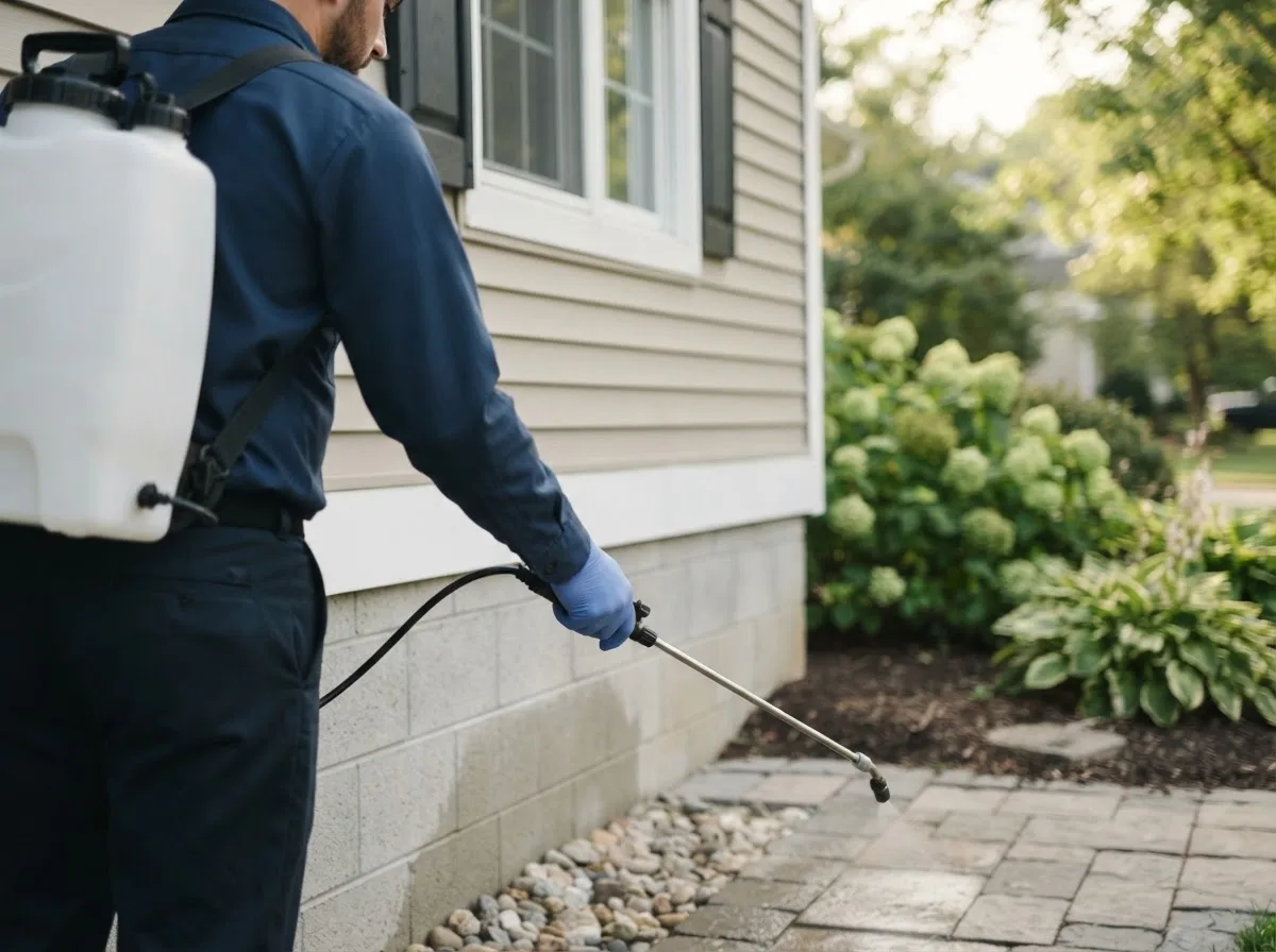 Pest control technician inspecting a home in Paden, OK